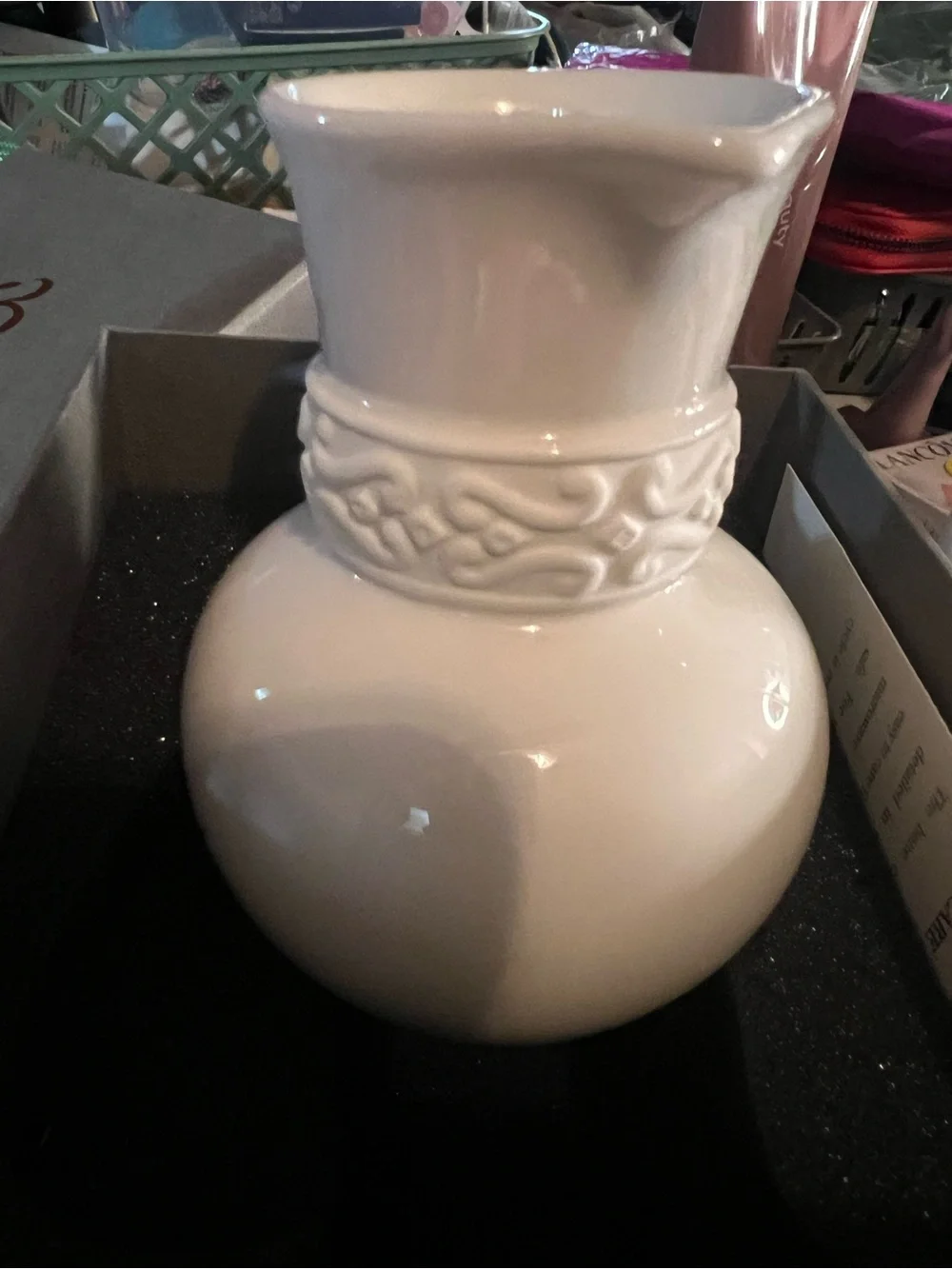 White Ceramic Pitcher with Embossed Band